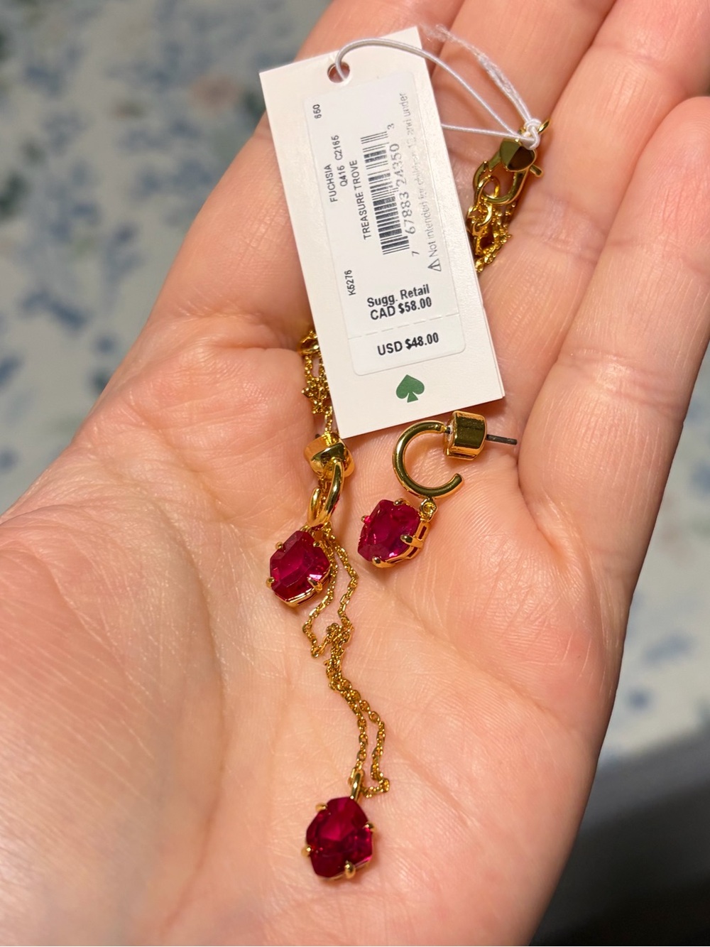 kate spade gold-tone chain necklace and ruby-pink crystal drop earrings - Picture 2 of 3